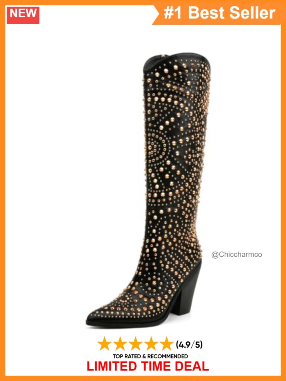 Studded Knee High Western Cowboy Boots Pointed Toe Chunky Heel Faux Leather
